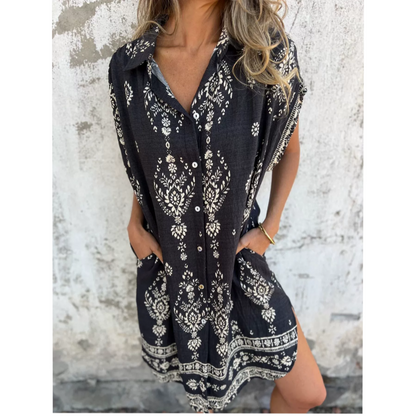 💕New Arrival Hot Sale 💕Loose-Fit Printed Short Sleeve Dress with Pockets