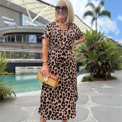 Women's Leopard V-Neck Long Dress with Belt