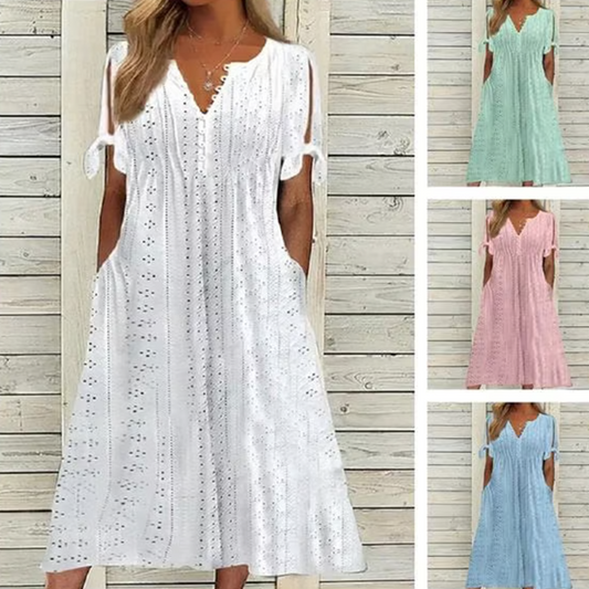 ⏰Last Day Sale 50% Off💃BUY 2 FREE SHIPPING✈️Women's Elegant V-Neck Hollow-Out Solid Dress